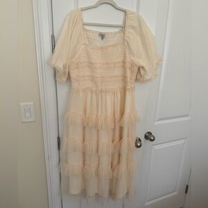 PinkBlush Cream Swiss Dot Smocked Tiered Maternity Dress